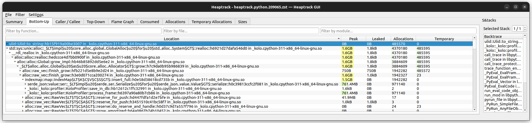 heaptrack’s Bottom-Up view showing 1.6GB memory usage.