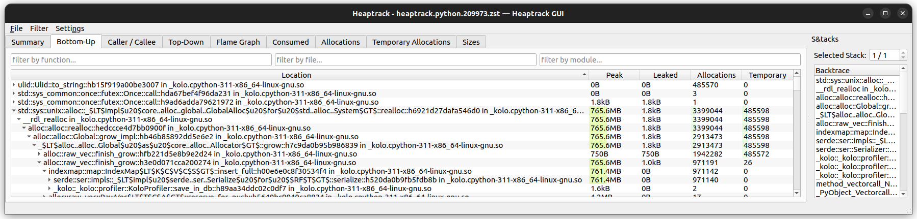 heaptrack’s Bottom-Up view showing 765MB memory usage.