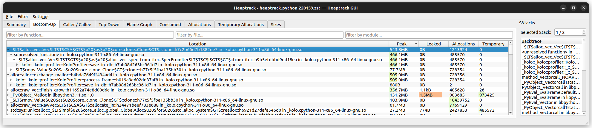 heaptrack’s Bottom-Up view showing over 1GB of memory usage in several sections.