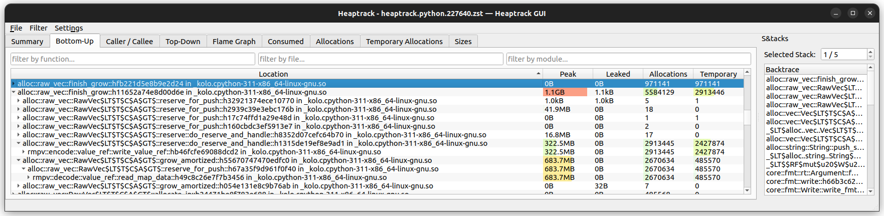 heaptrack’s Bottom-Up view showing 683MB used to decode map data in <code>ValueRef</code> and 322MB in <code>write_value_ref</code>.